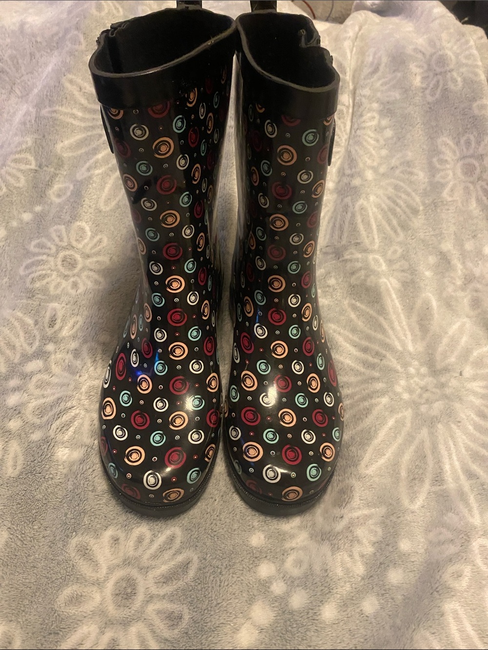 Capelli of New York Black Rain Boots with Multi-Color Circle Print